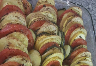 Baked potato,zucchini,yellow squash,tomato